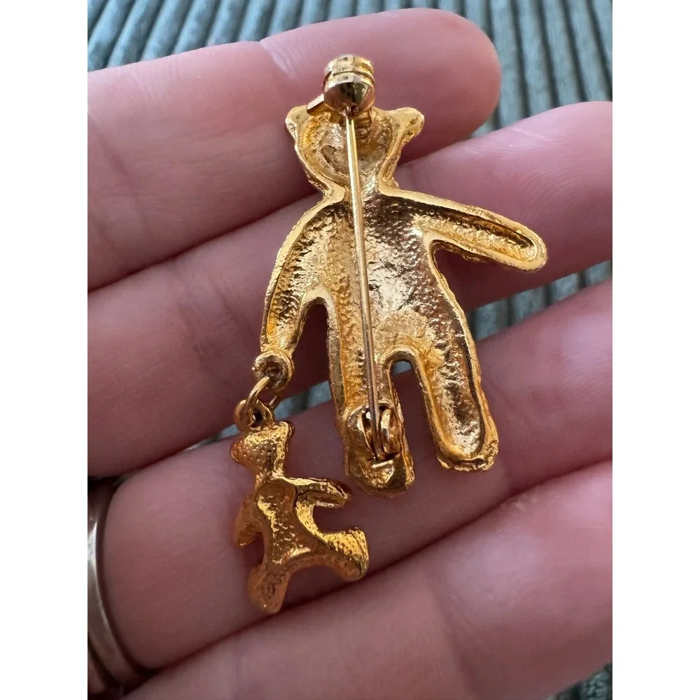 Gold Tone Teddy Bear Mom and Baby Brooch‎ Pin Red Bow Rhinestone Eyes